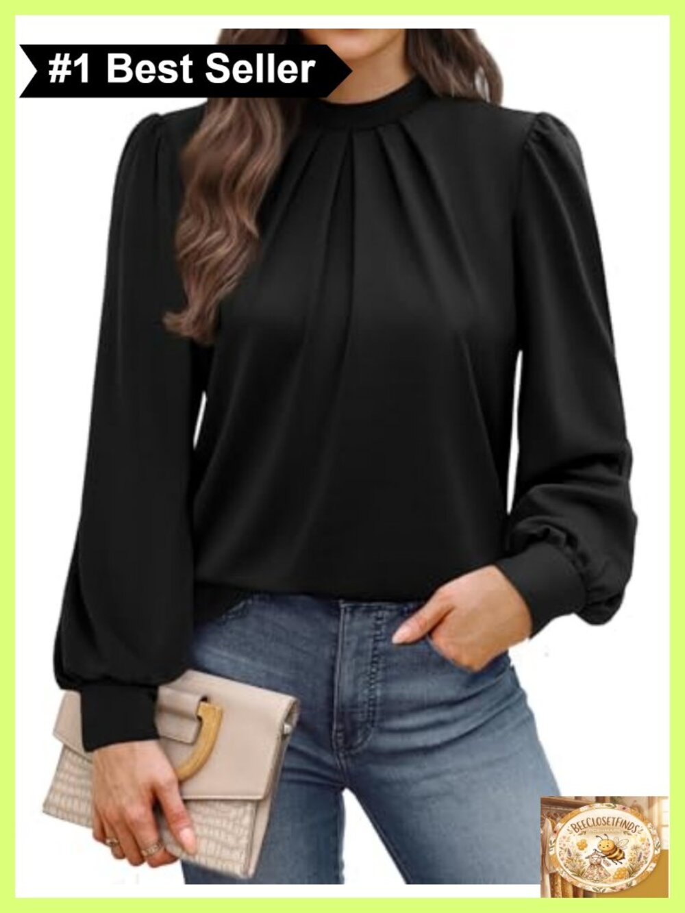 Womens Mock Neck Blouse Pleated Front Long Puff Sleeve Office Casual Top
